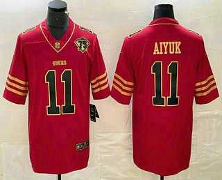 Men%27s San Francisco 49ers #11 Brandon Aiyuk Red 75th Patch Golden Edition Stitched Nike Limited Jersey